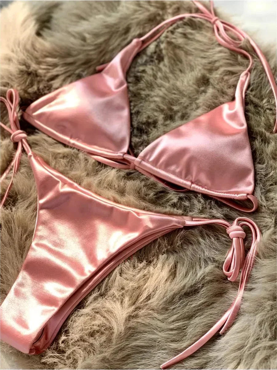 Metallic Satin Bikini Damen – Wrap Around Halter Zweiteiler
